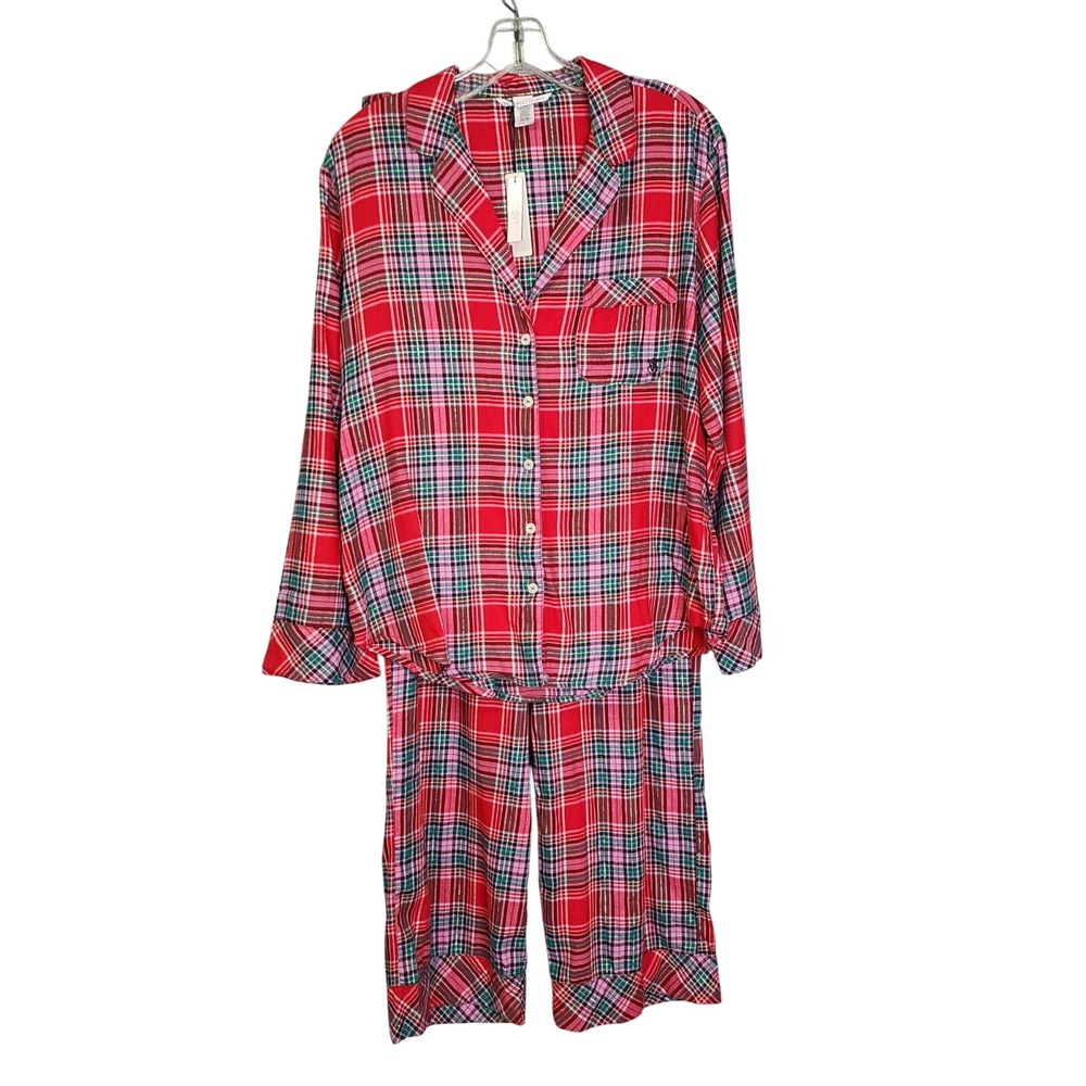Victoria's Secret Pajama Set Women Small Red Plaid Lurex Metallic Holiday Sleep